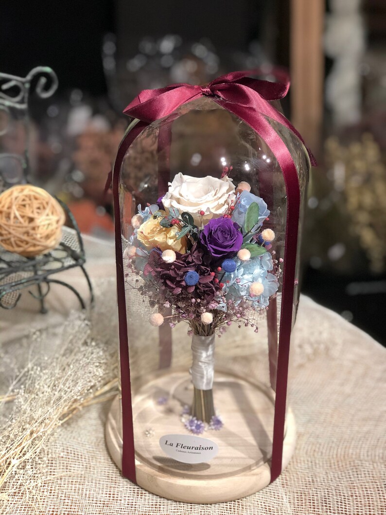 Bouquet of Preserved Flowers in Glass Dome Handmade Etsy