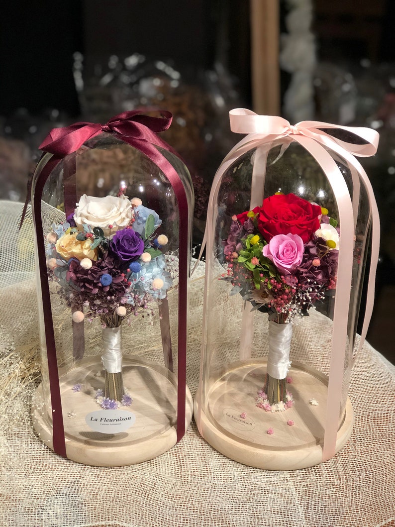 Bouquet of Preserved Flowers in Glass Dome Handmade Etsy