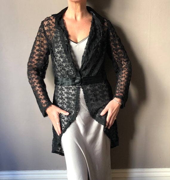 Edwardian lace jacket. Black lace cut away jacket.
