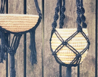 Knotted Plant Hanger, black macrame planter, cotton rope plant holder, boho home decor