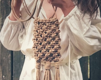 Small Macrame Crossbody Bag, boho phone case, cotton rope shoulder bag, long straps & tassel, cool daily life, fringe party bag, iPhone case