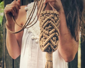 Mini Macrame Shoulder Bag, mobile phone case, cotton rope, crossbody bag, long straps & tassel, iPhone gift idea, fringed party bag, boho a