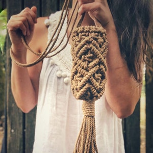 Mini Macrame Schultertasche, Handytasche, Baumwollseil, Umhängetasche, lange Riemen & Quaste, iPhone Geschenkidee, Fransen Partytasche, Boho a