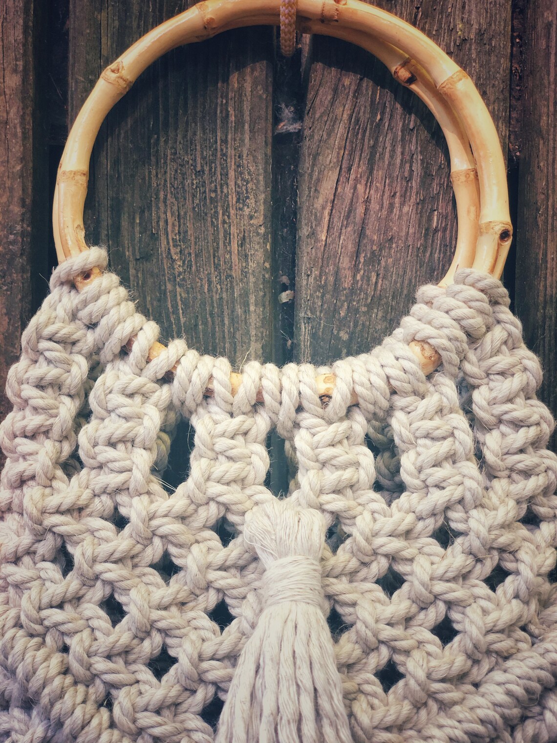 Boho Macrame Bag, Linen Cotton Rope Handbag, Bamboo Handles, Night Out