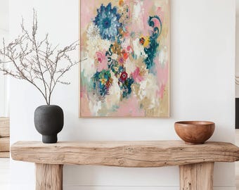 Pink Floral Abstract Painting Printable Digital Artwork for Living Room Poster Elegant Bedroom Home Cottage Core Decor Dining Room Wall Art