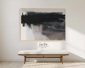 Black Gothic Abstract Art Printable Dark Moody Painting Artwork Modern Horizontal Organic Masculine Decor Gray White Print Textured Poster