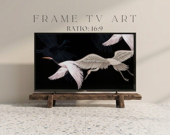 TV Frame Art Japanese Crane Birds Illustration, Black Japanese Cranes, TV Digital Download, Bird Drawing, Vintage Japanese Art Deco TV Art