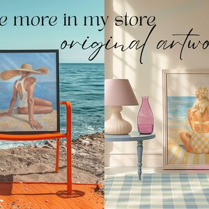 May include: Two framed artworks depicting beach scenes. One shows a person in a white swimsuit and large hat, the other a person in a yellow checkered swimsuit. The text "See more in my store original artwork" is visible.