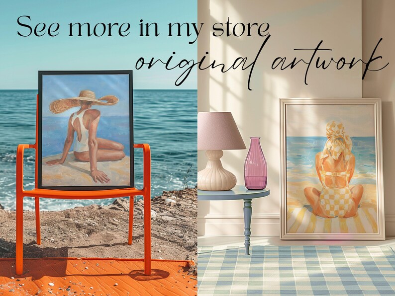 May include: Two framed artworks depicting beach scenes. One shows a person in a white swimsuit and large hat, the other a person in a yellow checkered swimsuit. The text "See more in my store original artwork" is visible.