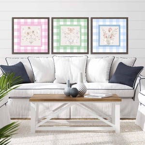 Floral Art Prints Grand millennial Gingham Botanical Matt Blue Teal Pink Print Floral Bouquet English Garden PRINTABLE Wall Art Prints Set