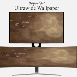 Könnte beinhalten: Zwei Computermonitore, die eine braune und goldene Landschaft mit fliegenden Vögeln zeigen. Der obere Monitor ist rechteckig und der untere ist gebogen. Der Text "Original Art Ultrawide Wallpaper" steht oben.