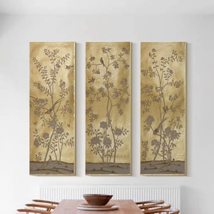 Tryptic Chinoiserie Vertical Art Prints Set of 3 Toile PRINTABLE Paintings Tall Wall Decor for Stairwell Long Wall Art Narrow Skinny Artwork