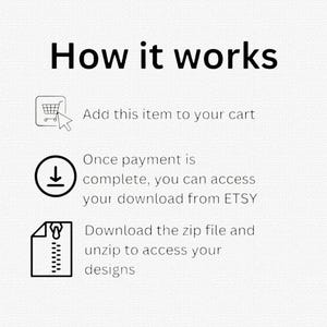 May include: A white graphic with the text "How it works" and instructions for purchasing digital items. The steps include adding to cart, accessing the download from Etsy, and unzipping the file to access designs.