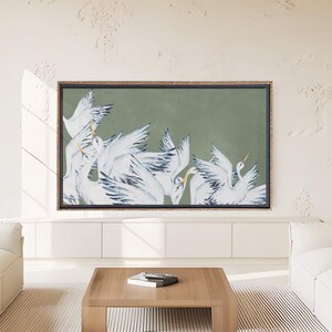 Cornice TV, dipinto di uccello giapponese verde, TV digitale 4K, disegno di gru e airone, illustrazione vintage, decorazione per soggiorno