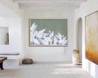 Japanese Cranes Print Asian Wall Art Birds Sage Green Birds in Flight Emerald Green Art Print Printable Painting for Living Room Bedroom