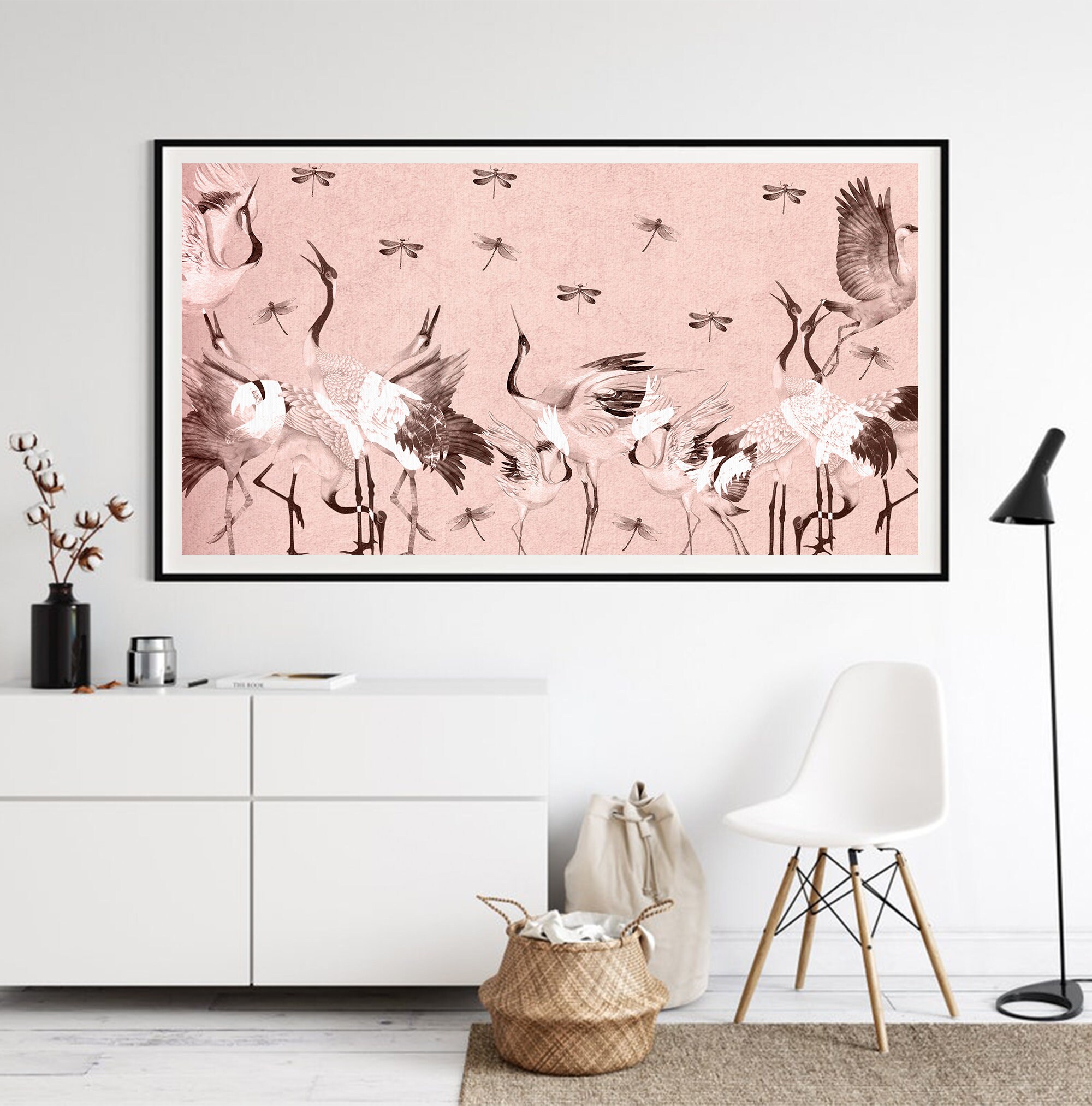 リビングルーム用テレビフレームアート サギとトンボのプリント ピンクとブラウンのツル鳥 Samsungフレームテレビ用 LGギャラリーデザイン  Hisenseキャンバステレビ - Etsy 日本