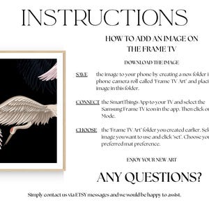 May include: A framed art print featuring a black background with white and pink cranes in flight. The image is accompanied by instructions on how to add an image to a Frame TV, including steps to download, save, and connect the image.
