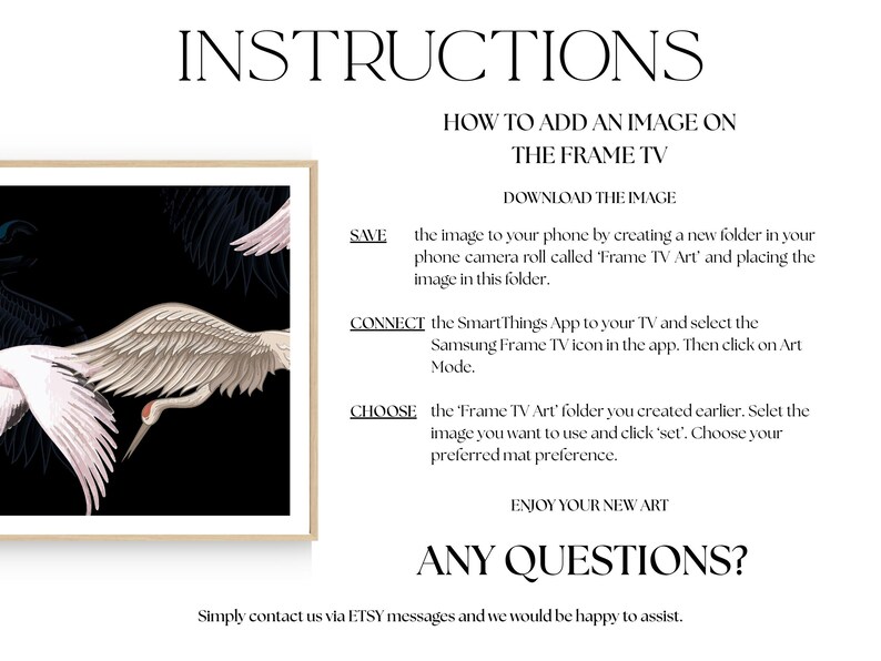 May include: A framed art print featuring a black background with white and pink cranes in flight. The image is accompanied by instructions on how to add an image to a Frame TV, including steps to download, save, and connect the image.