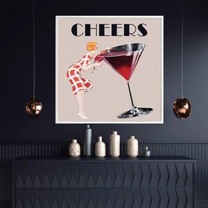 Cheers Wall Art Retro Bar Cart Print Vintage Lady and Red Wine Printable Painting Champagne Poster Digital Download Kitchen Cafe AirBnb Art