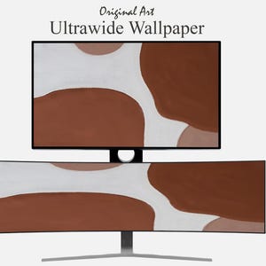 May include: Two computer monitors, one above the other, showing an abstract design. The design has large, organic shapes in brown and white. The top monitor is rectangular, the bottom curved. Text at the top reads "Original Art Ultrawide Wallpaper".
