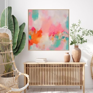Colorful Abstract Painting Pink Orange Teal Printable Wall Art Square Canvas Vivid Living Room Home Decor Bedroom Dining Room Girls Room