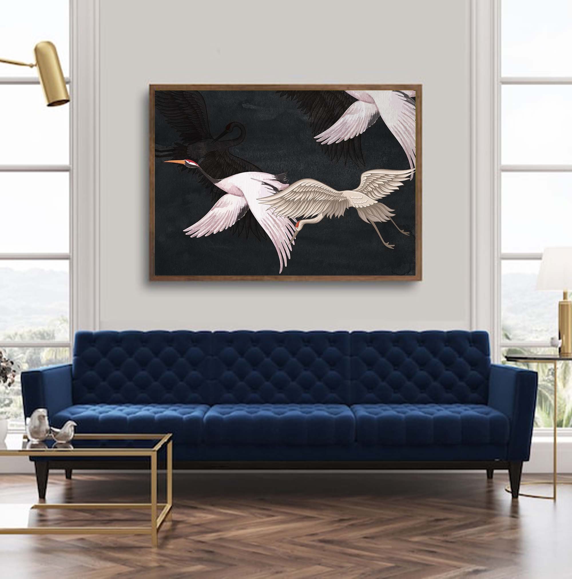 Bird Wall Art Downloadable Print Japanese Cranes Black Farmhouse Decor Coastal Bird Print Bird Lover Gift Lake House Home Decor Painting