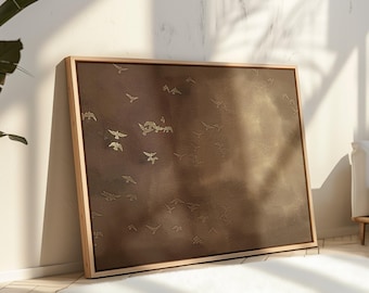 Japanese Flying Birds Moody Brown Abstract Printable Dark Landscape Painting Minimalist Tan Wall Art Modern Neutral Horizontal Organic Decor