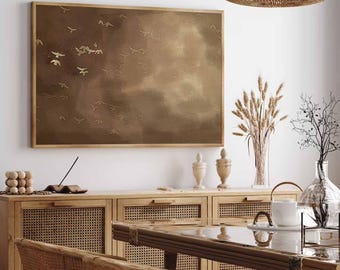 Japanese Flying Birds Moody Brown Abstract Printable Dark Landscape Painting Minimalist Tan Wall Art Modern Neutral Horizontal Organic Decor