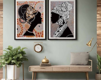 Abstract Ethnic African Wall Art Set of 2 Afro Bohemian Decor Boho Ethnic Tribal Brown Ochre Tan Printable Paintings Black Woman Portrait
