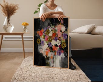 Moody Floral Abstract Painting Printable Digital Artwork Black Print Textured Poster Elegant Bedroom Dark Home Decor Expressionist Painting