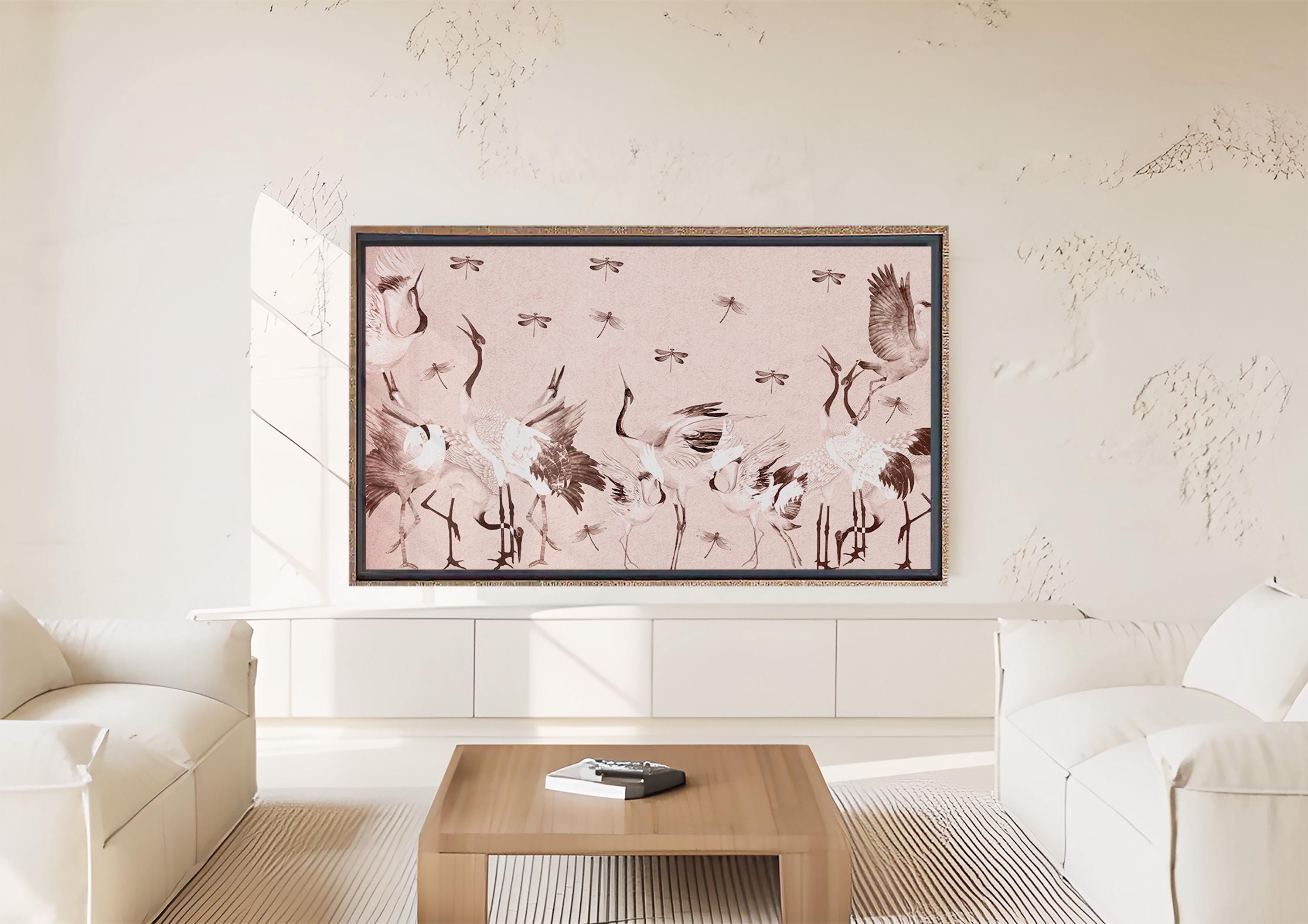 リビングルーム用テレビフレームアート サギとトンボのプリント ピンクとブラウンのツル鳥 Samsungフレームテレビ用 LGギャラリーデザイン  Hisenseキャンバステレビ - Etsy 日本