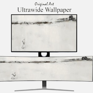 May include: Two computer monitors showing a landscape painting. The top monitor is rectangular, and the bottom is curved. The artwork features a minimalist, abstract design in white, grey, and black. Text at the top reads "Original Art Ultrawide Wallpaper."