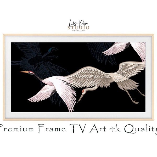 TV Frame Art Japanese Crane Birds Illustration, Black Japanese Cranes, TV Digital Download, Bird Drawing, Vintage Japanese Art Deco TV Art