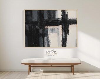 Black Industrial Abstract Art Printable Dark Landscape Painting Artwork Modern Horizontal Organic Masculine Decor Gray White Print Poster