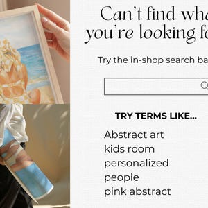 May include: A framed watercolor painting and a rolled-up print featuring a beach scene with a person in a swimsuit. The image includes text: "Can't find what you're looking for? Try the in-shop search bar!" and search suggestions.