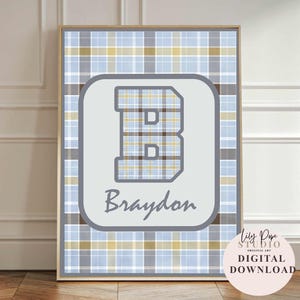 Cuadro imprimible con monograma con estampado de cuadros y nombre personalizado, letra y nombre personalizados, arte de pared para guardería de niño, regalo para baby shower, arte vintage