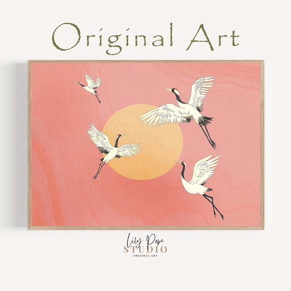 Chinoiserie Pink Bird Wall Art Grandmillennial Chic Printable Artwork Chinese Decor Painting Japanese Crane Print Housewarming Birthday Gift