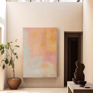 Quadro astratto da parete nei toni del pesca, rosa e arancione tenue, stampa boho pastello, poster con sfumature da sogno, decorazioni calde per il soggiorno, download digitale.