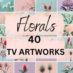 Puede incluir: Un collage de 40 ilustraciones florales, con diferentes flores y plantas en varios colores y estilos. El texto "Florals 40 TV Artworks" se muestra en el centro de la imagen.
