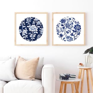 Blue Botanical Wall Art Chinoiserie Wall Art, 2 Piece Wall Decor Minimalist Wall Art, Botanical Print Set, Printable Wall Art Digital Art