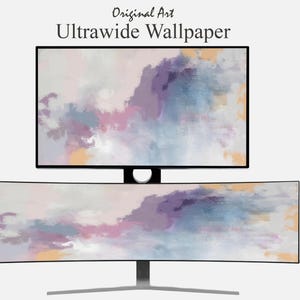 May include: Two computer monitors showing an abstract watercolour design. The top monitor is rectangular, and the bottom is curved. The artwork features soft hues of purple, blue, pink, and yellow. Text at the top reads "Original Art Ultrawide Wallpaper."