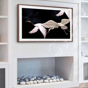TV Frame Art Japanese Crane Birds Illustration, Black Japanese Cranes, TV Digital Download, Bird Drawing, Vintage Japanese Art Deco TV Art
