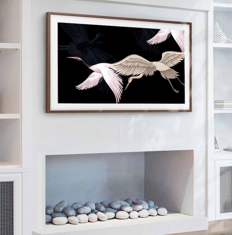 TV Frame Art Japanese Crane Birds Illustration, Black Japanese Cranes, TV Digital Download, Bird Drawing, Vintage Japanese Art Deco TV Art