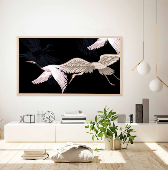 TV Frame Art Japanese Crane Birds Illustration, Black Japanese Cranes, TV Digital Download, Bird Drawing, Vintage Japanese Art Deco TV Art