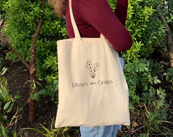 Bloom with Grace Bolso de algodón reutilizable - Adorable bolso de lona de cita floral - Comprador ecológico