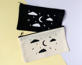 Etui nachtelijke hemel - klein katoenen etui maan, sterren en wolken - schattig canvas etui en make-uptasje - schattig klein hemels etui