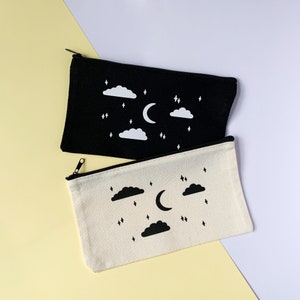 Astuccio cielo notturno - Astuccio piccolo in cotone con luna, stelle e nuvole - Adorabile astuccio in tela e trousse per il trucco - Grazioso astuccio celeste piccolo