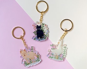 Floral Animal Acrylic Keychains - Fox, Cat, and Goose - Adorable Acrylic Keychain with Gold Keyring - Cute Floral Animals