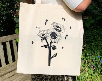 Lindo girasol reutilizable algodón bolso de mano - adorable bolsa de lona floral - comprador ecológico