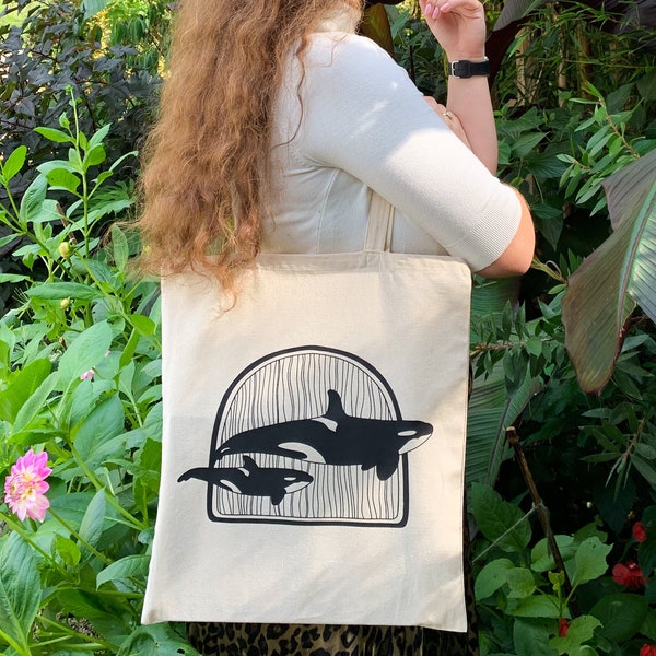 Orca Whale Reusable Cotton Tote Bag - Adorable Animal Canvas Bag - Eco Friendly Shopper